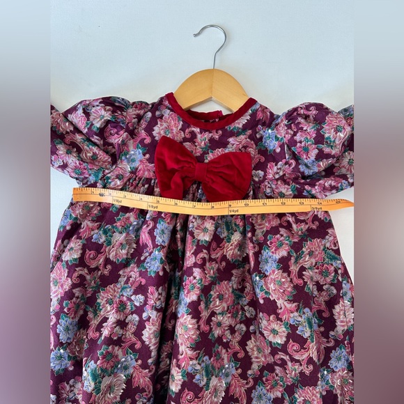 Vintage JoJoe Fashions Floral Dress - Velvet Bow & Trim,Long Puff Sleeve -Size 4 - Picture 7 of 9